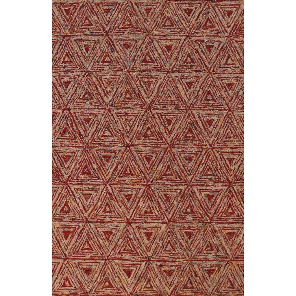 Geometric Modern Indian Area Rug Hand-Tufted Red Wool Carpet - 5'3" x 7'7"
