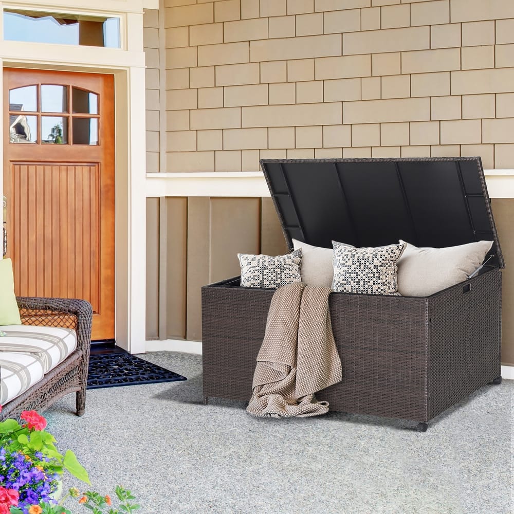 Gymax 133 Gallon Outdoor PE Wicker Storage Box Mix Brown Rattan Deck