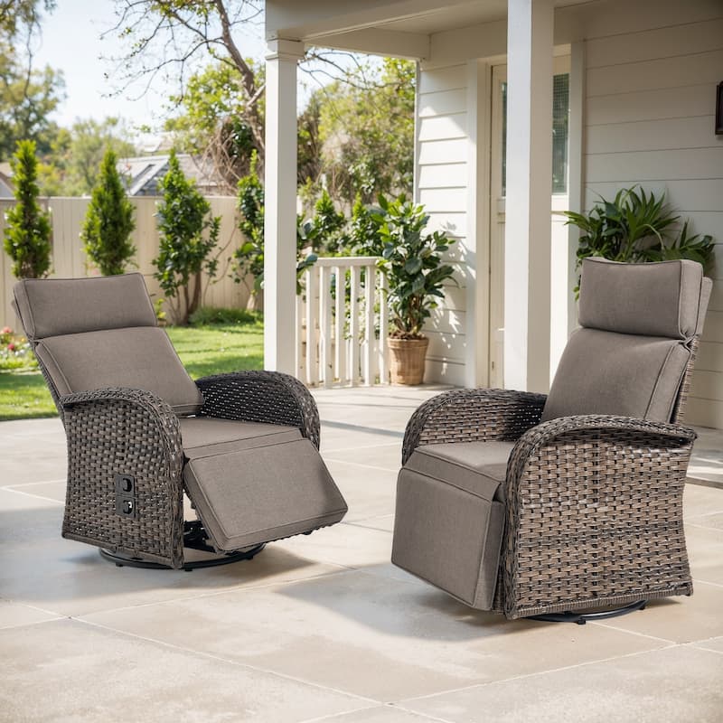 Meyreso 2-Piece Wicker Swivel Reclining Chaise Lounge with Adjustable Backrest & Footrest - Grey-set of 2