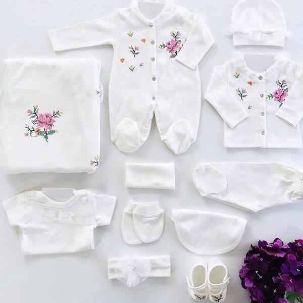 slide 1 of 1, Cotton Newborn Baby Girl Hospital Outlet Set - Elegant Embroidery Details White