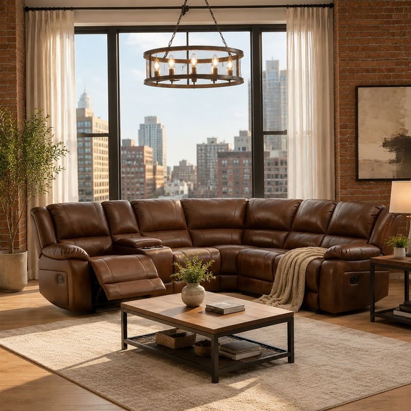 6PCS, 2 Manual Recliners, Faux Leather Reclining Sectional with Center Console