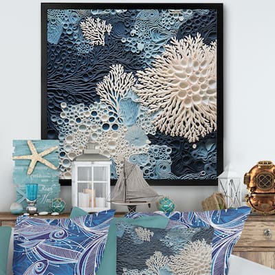 Designart "Under Water Blue And White Corals Collage" Coastal Framed Canvas Wall Art