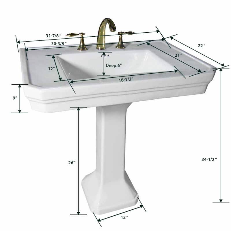 White Pedestal Sink 32" with 8" Chrome Faucet, P-Trap and Drain