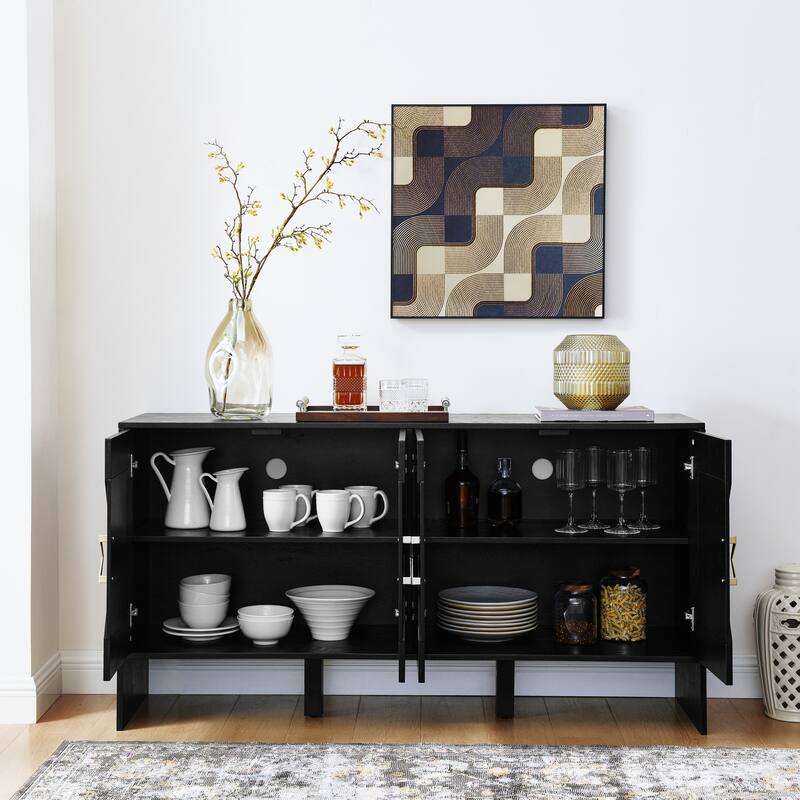 Anmytek Black Wood Grain Sideboard with Geometric Doors and Gold Handles 4-Door Buffet Console