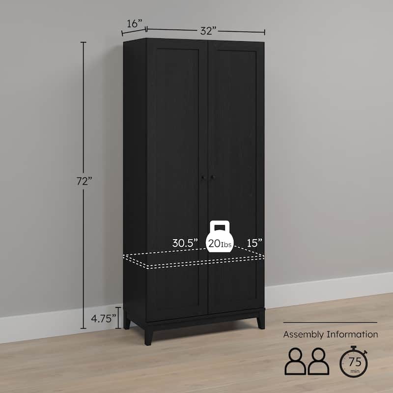 Prepac Yaletown 72" Tall Storage Cabinet with Wood Legs, Pantry Cabinet with 3 Adjustable Shelves - 32" W x 72" H x 16" D