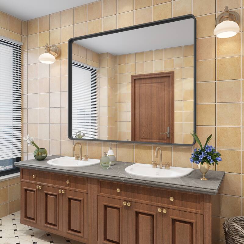 Aluminum alloy Framed Tempered Glass Wall Bathroom Vanity Mirror - 48" x 40" - Black