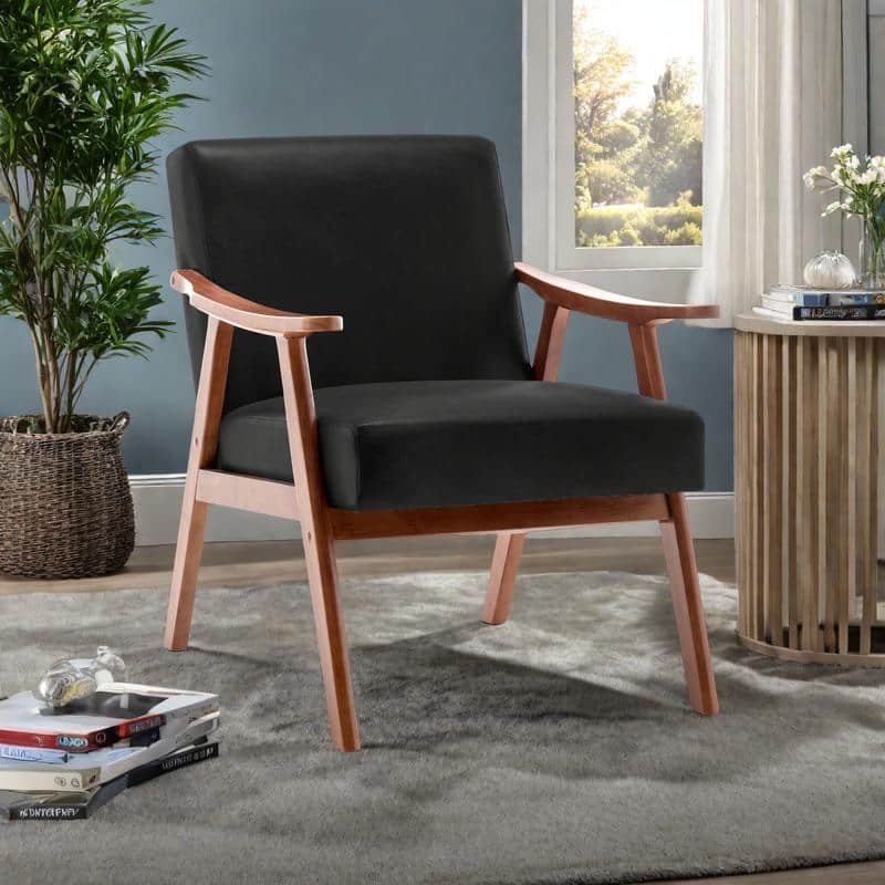 PU Leather Mid-Century Accent Chair with Solid Wood Frame Wingback Chair (300lb Capacity)