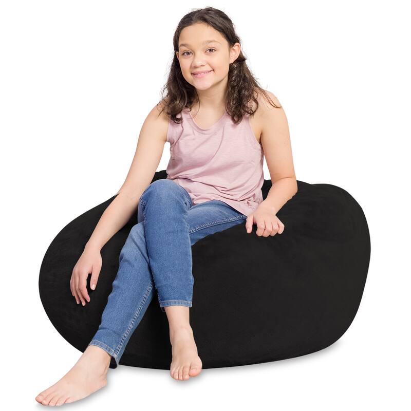 Kids Bean Bag Chair, Big Comfy Chair - Machine Washable Cover - 38 Inch Large - Soft Faux Rabbit Fur - Black