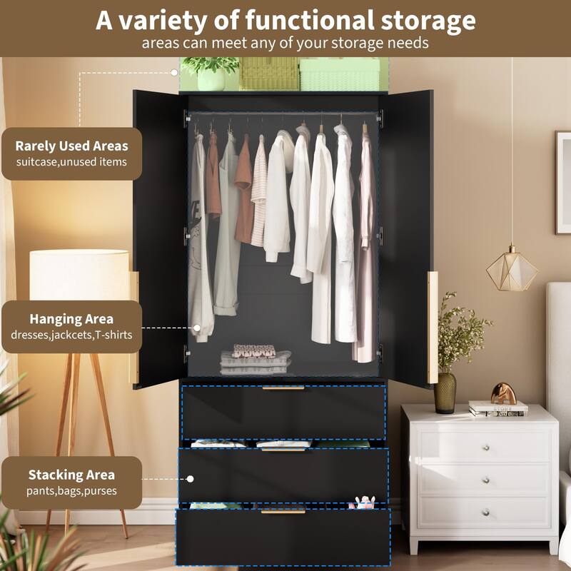 69.5" Armoire Wardrobe Closet with Rattan Doors, 3 Drawers & Hanging Rod, Wooden Storage Cabinet for Bedroom
