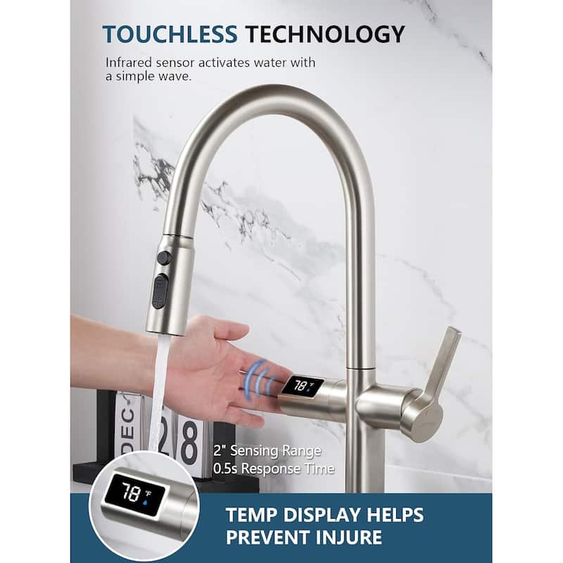 Lefton Touchless Pull-Out Kitchen Faucet, Hands Free Motion Sensor Activated, Battery-Free Temperature Display, KF2206