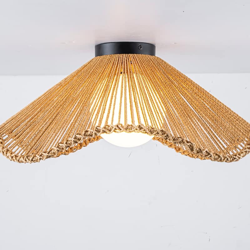 1-Light Boho Jute Rope Flush Mount Ceiling Light - Scalloped Natural Fiber Fixture for Bedroom - 1 Light - Beige