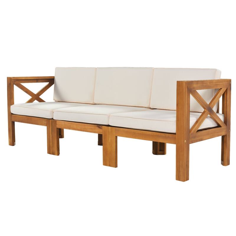 Beige Natural Acacia Wood 5-Piece Outdoor Sectional Sofa Set with Water-resistant Fabric