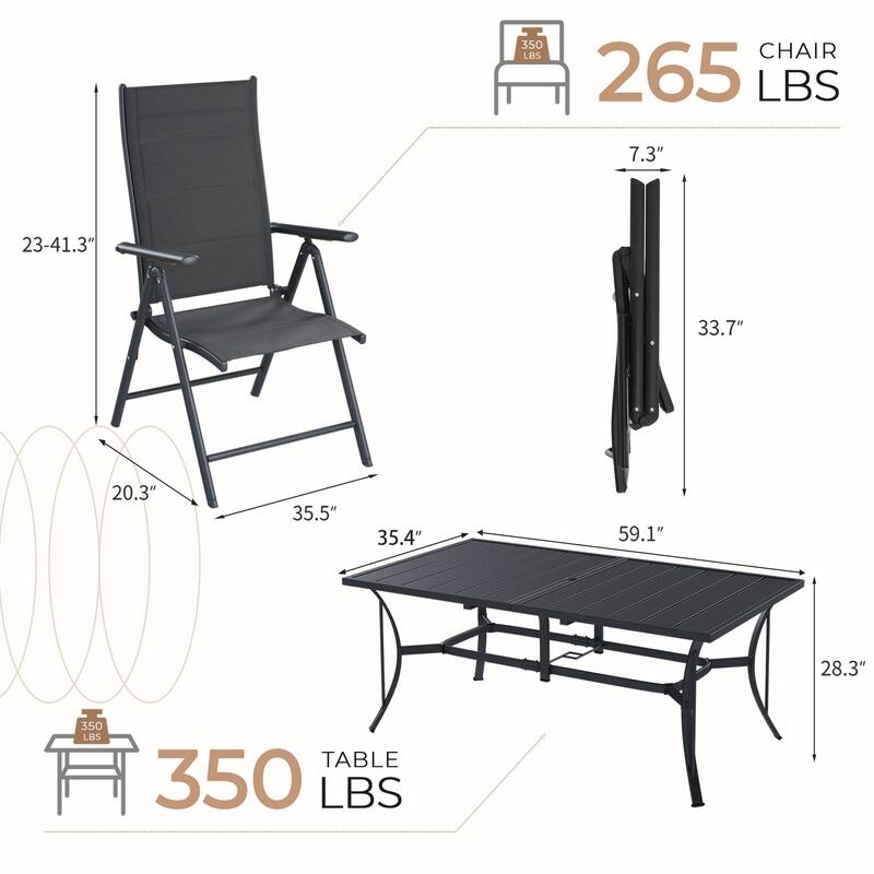 EROMMY 7 Piece Patio Dining Set with Folding Lounge Chairs and Aluminum Table, Outdoor Furniture for Backyard, Deck, or Balcony.