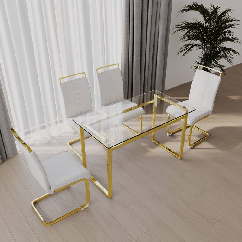 5-Piece Glass Dining Table Set with Gold Metal Legs and 4 PU Upholstered Chairs