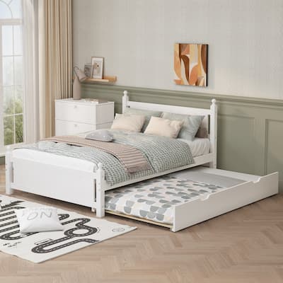 Full Size Mid-Century Modern Solid Wood Platform Bed with Trundle for Limited Kids