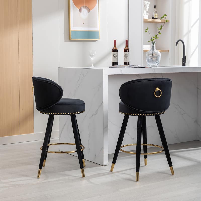 Set of 2 Counter Height Velvet Bar Stools with Solid Wood Legs