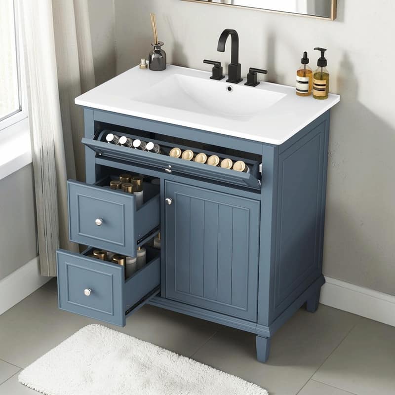 30 Inch Bathroom Vanity with Sink, Modern Vanity Cabinet with One Flip Drawer and Two Storage Drawers - Blue Gray