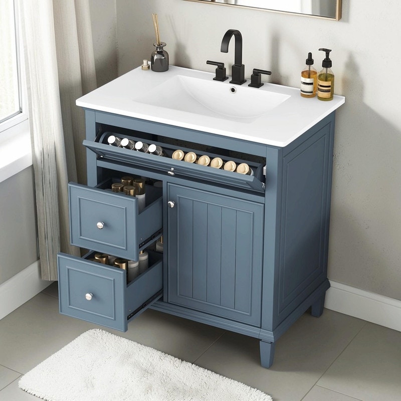 30 Inch Bathroom Vanity with Sink, Modern Vanity Cabinet with One Flip Drawer and Two Storage Drawers