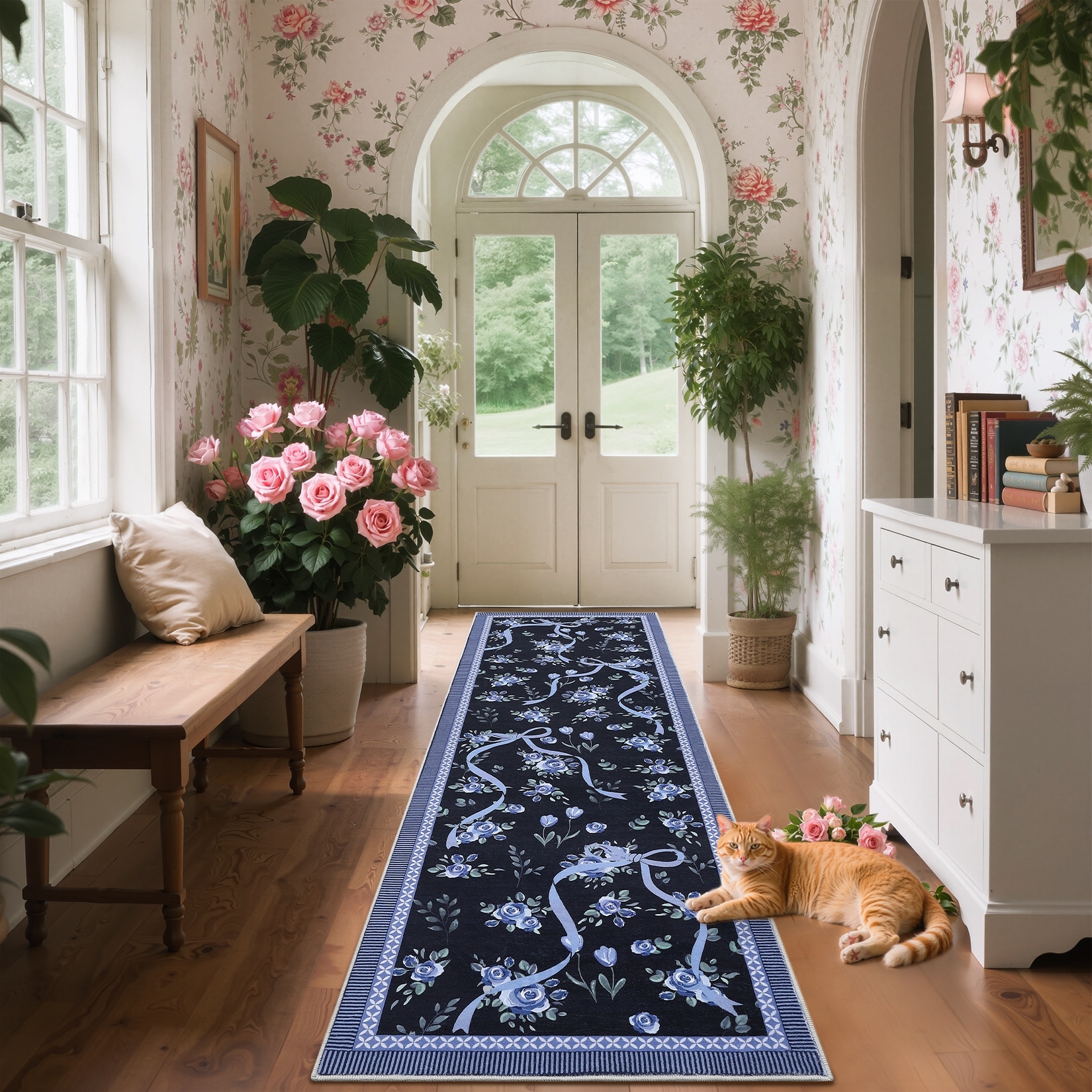 Floral Rugs for Living Room Bedroom Washable Bow Pattern Area Rug Non Slip Low Pile Indoor Home Decor Carpet