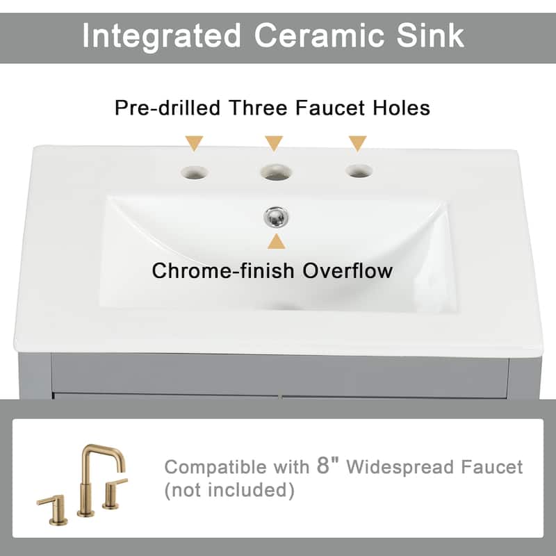 Modern 24" Bathroom Vanity with Sink, Ceramic Top, Adjustable Shelf, 2 Drawers and Door, Solid Wood