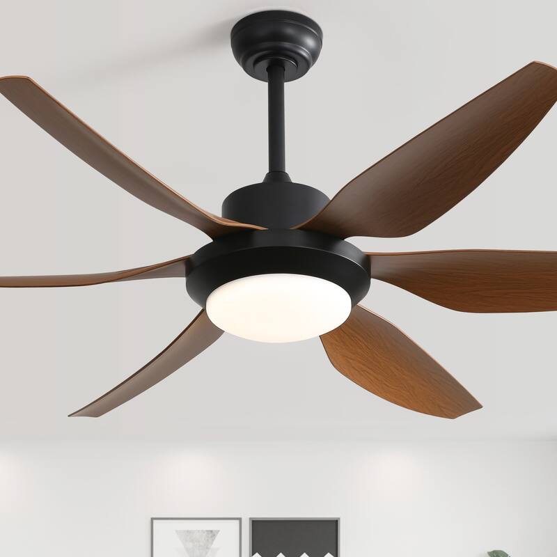 54-inch Indoor Modern Ceiling Fan with Light and Remote, LED Dimmable, 6 ABS Blades - Black with Walnut Blades