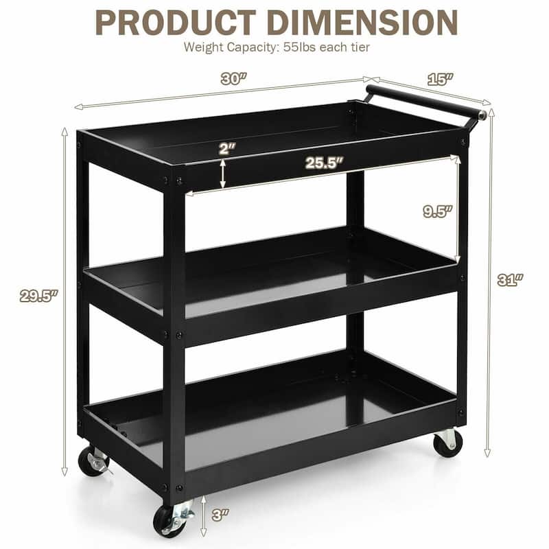 3-Tier Utility Cart Metal Mental Storage Service Trolley - 30'' x 15'' x 31'' (L x W x H)