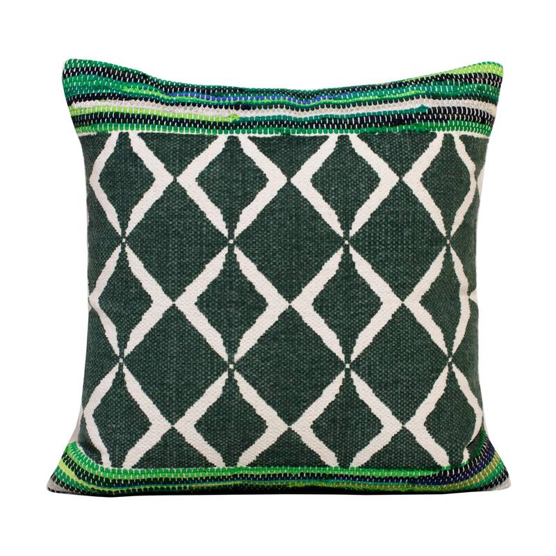 Hand Woven Boho Geometric Square Throw Pillow - 20" - Green and White