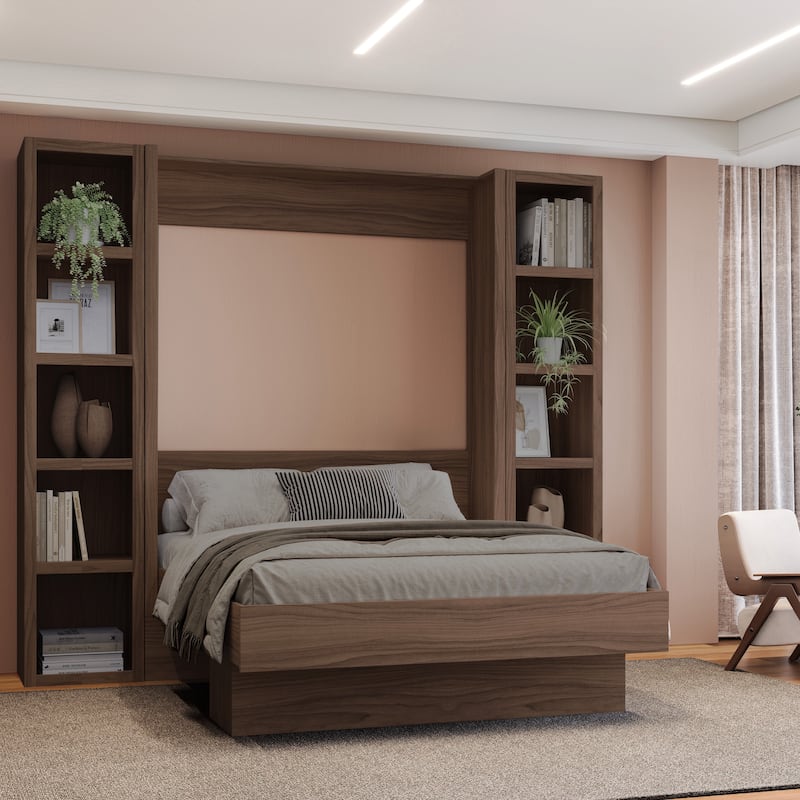 Easy-Lift Full Murphy Wall Bed with Two Bookshelves - Brown
