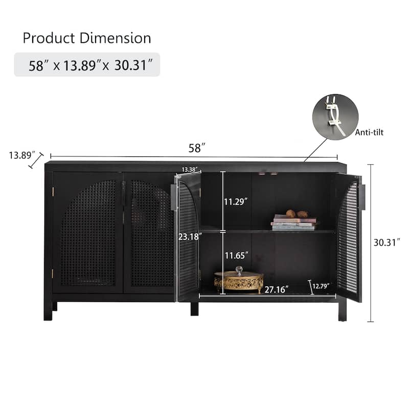 Modern Sideboard Buffet Cabinet with Rattan Doors, 58" Storage Console Cabinet with Adjustable Shelves for Entryway or Kitchen