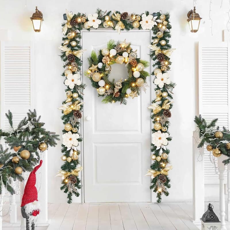 24" Pre-Lit Gold Artificial Christmas Wreath for Front Door - N/A