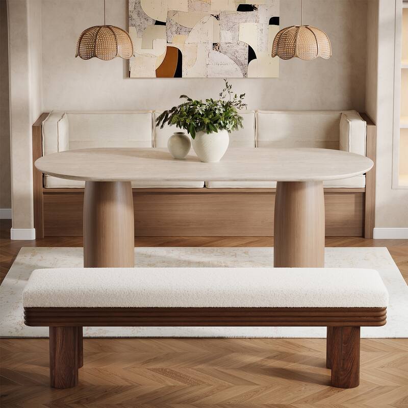 Upholstered Dining Bench, Faux Shearling Padded Seat Kitchen Accent Stool for Dining Room Living Room