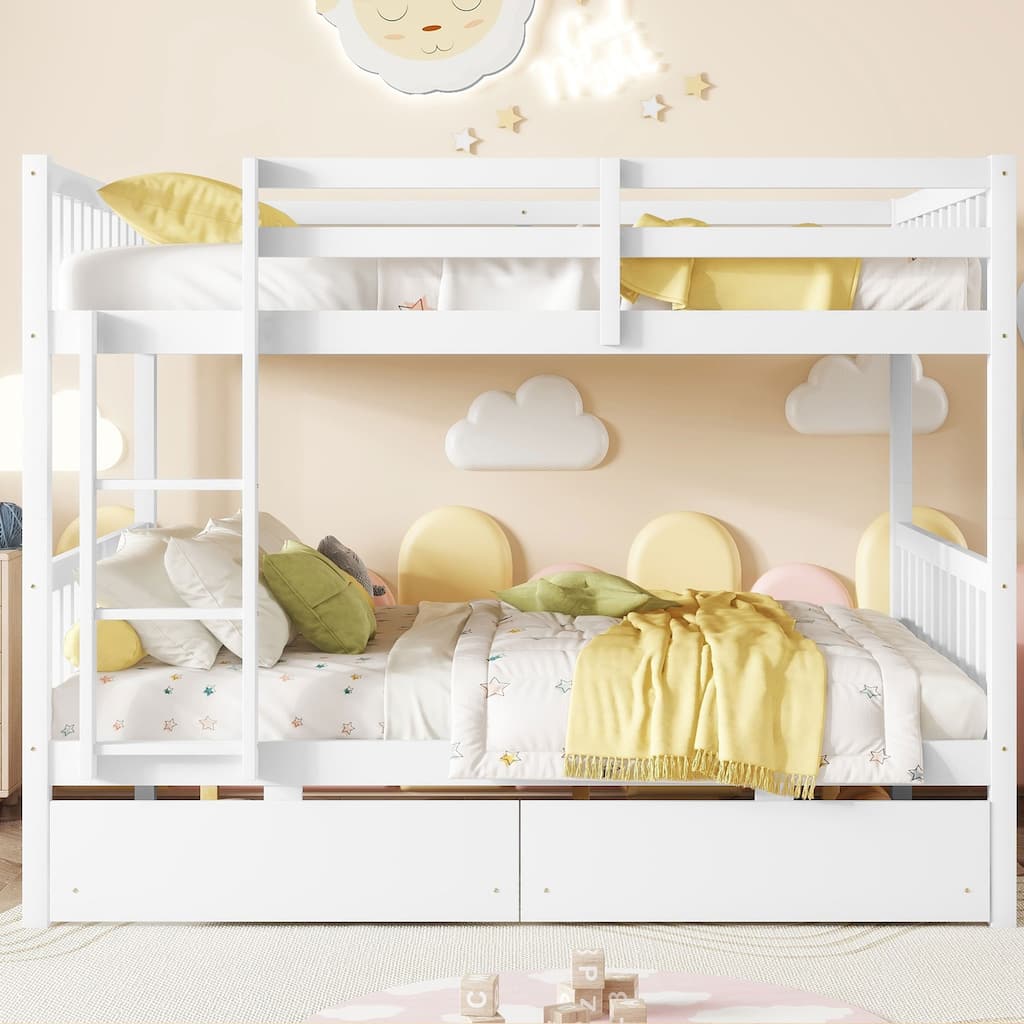 White Full Over Full Bunk Bed with Detachable Feature, 2 Storage Drawers, Ladder, and Safety Guardrails