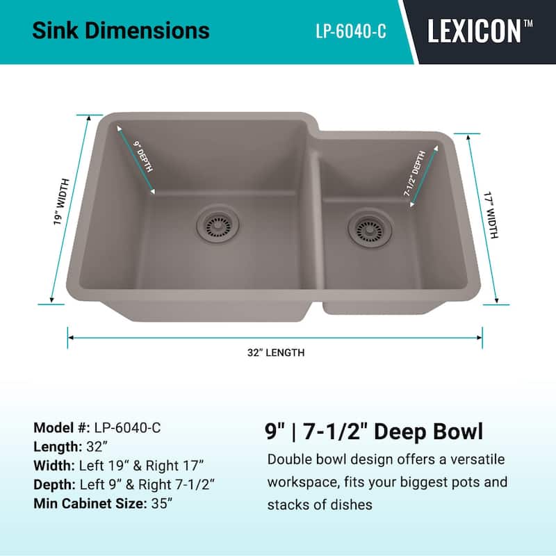 Lexicon Platinum Quartz 60/40 Double Bowl Kitchen Sink