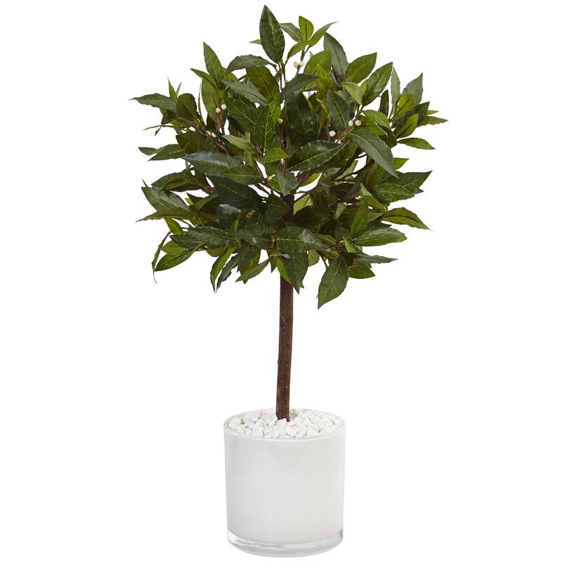 Artificial Sweet Bay Tree - 2ft Indoor Outdoor Faux Topiary Plant in White Planter - Green - 41-50 Inches