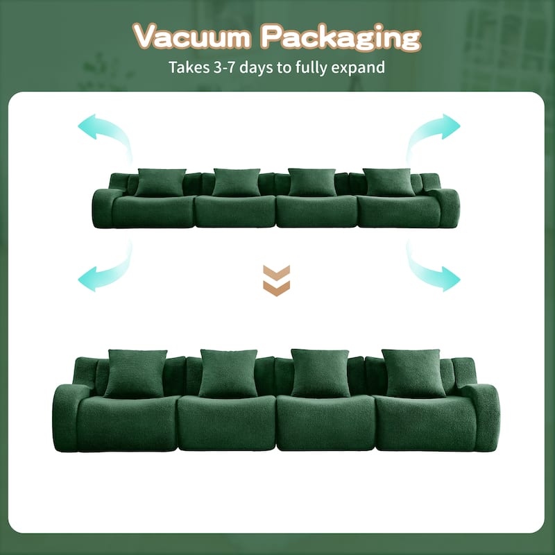 118" Teddy Fabric Boneless Couch, Upholstered 4-Seat Sofa with Curved Armrests, Modular Deep Seat Sofa, No Assembly Required