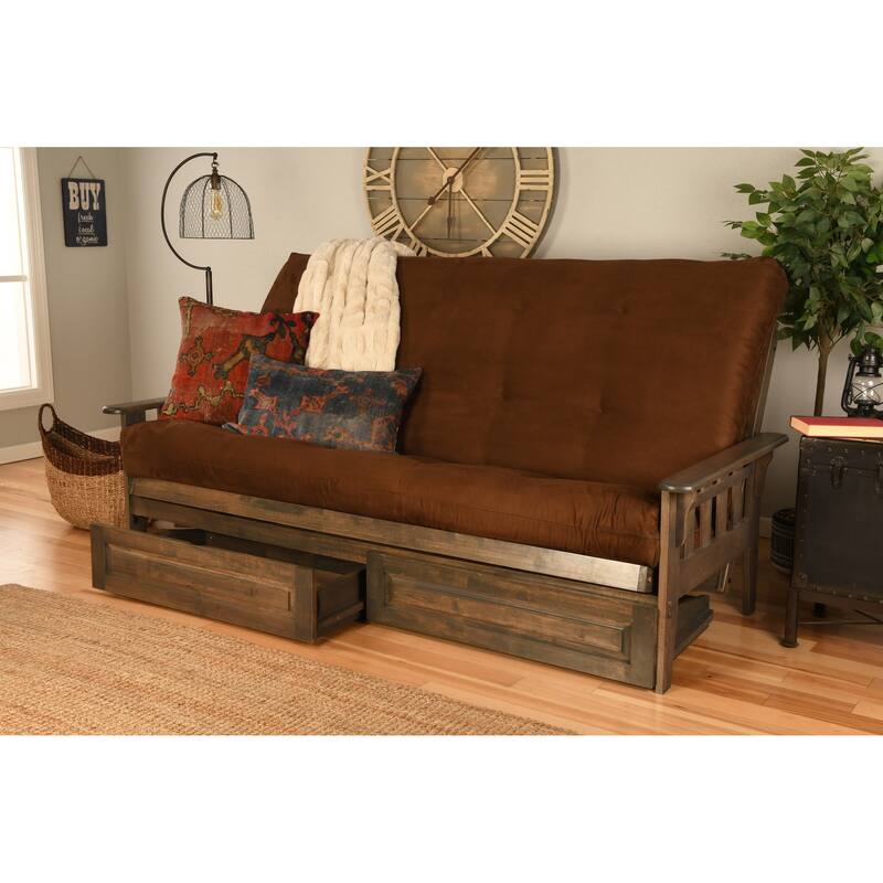 Somette Tucson Queen-size Futon Set with Storage Drawers in Rustic Walnut Finish with Innerspring Mattress