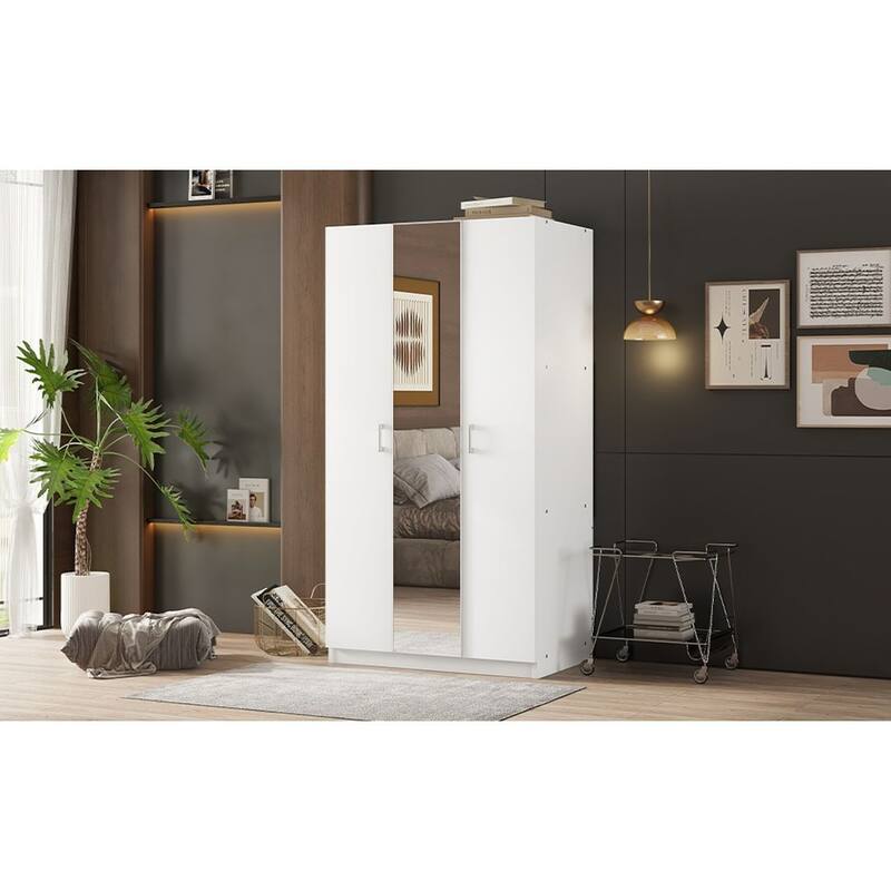 Modern 3 Door Wardrobe with Mirror, 3 Drawers, Hanging Rod - N/A