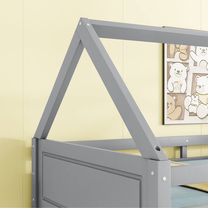 Twin Over Twin House Floor Bunk Bed with Headboards, Footboards, Guardrails, and Ladder, Grey