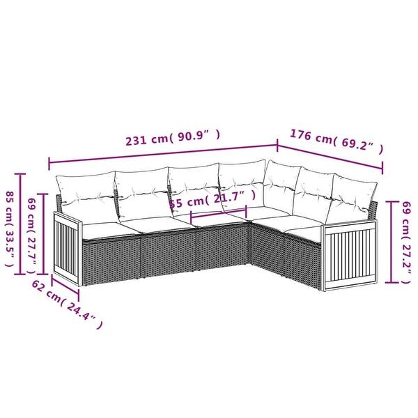 dimension image slide 1 of 2, vidaXL 6 Piece Patio Sofa Set with Cushions Black Poly Rattan