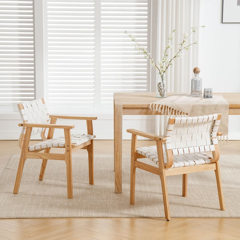 Woven Leather Dining Chairs with Solid Wood Frame - 29.7"H x 21.7"W x 22.8"D