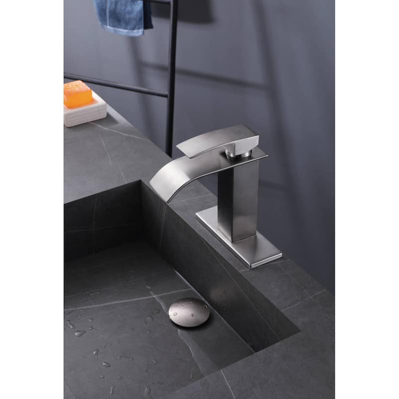 Brushed nickel waterfall Bathroom Faucet brass with plate and brass pop up drain and cover plate - 7'6" x 9'6"