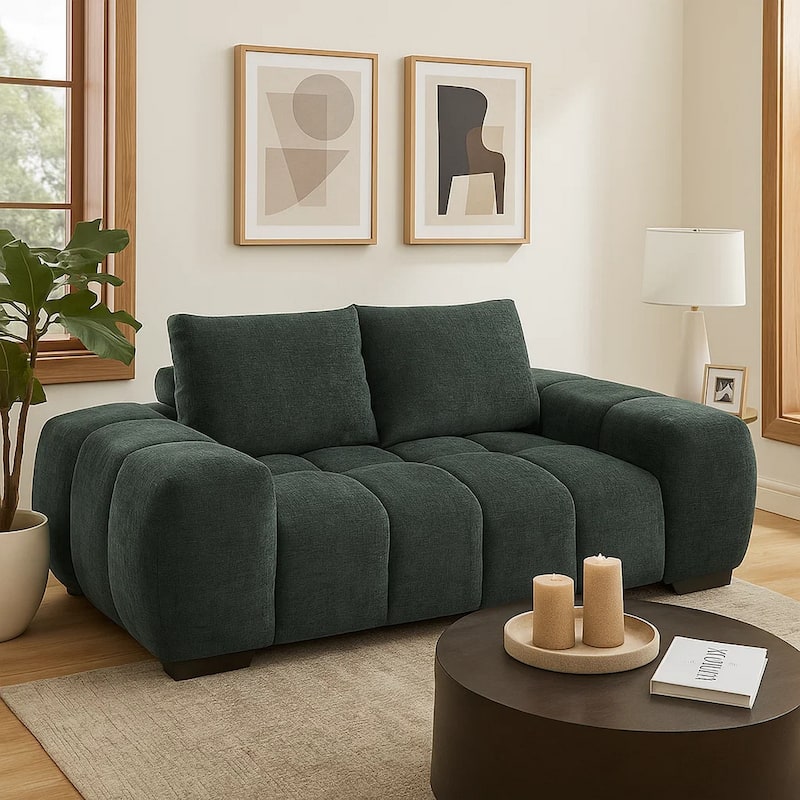 Errand Loveseat, Dark Green Chenille, Foam Cushions, Pine Wood 74 Inch