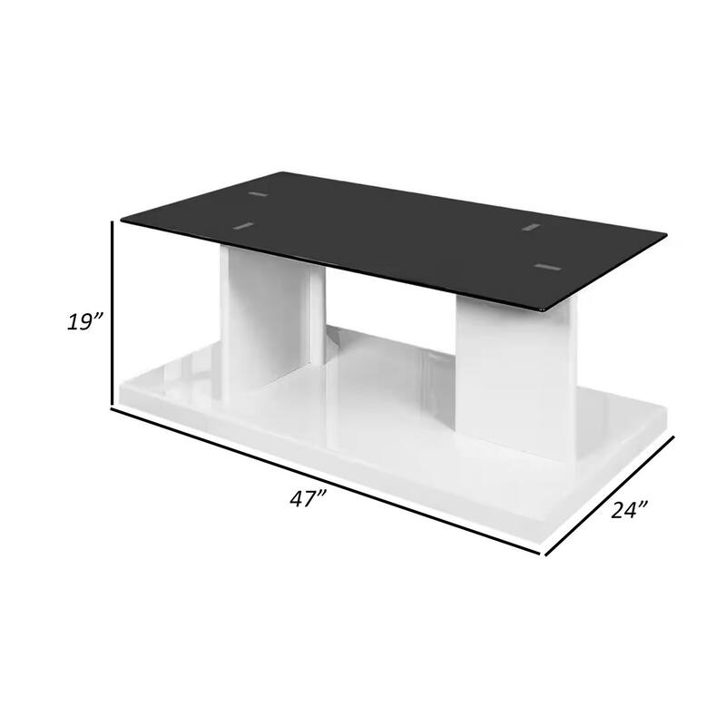 Liam 47 Inch Rectangular Coffee Table, White Wood, Pedestal Base, Glass Top