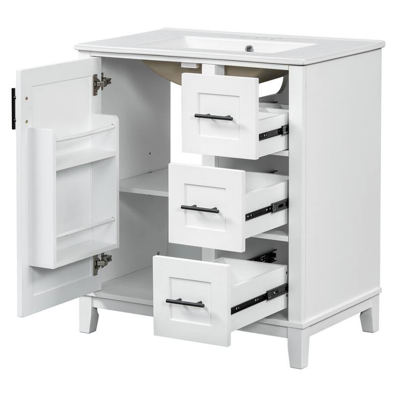 30" Bathroom Vanity with Ceramic Sink, Storage racks, 3 drawers, Soft-close hinges