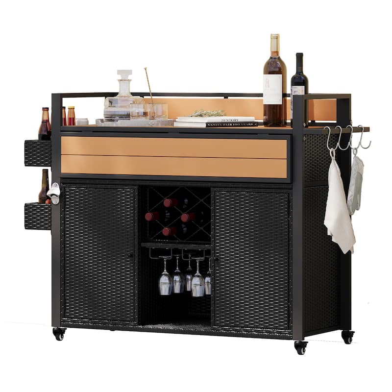 52.8"W Wicker Outdoor Grill cart with Extended Plastic Wood Table Top, Rolling Kitchen Island on Wheels with Storage Cabinet