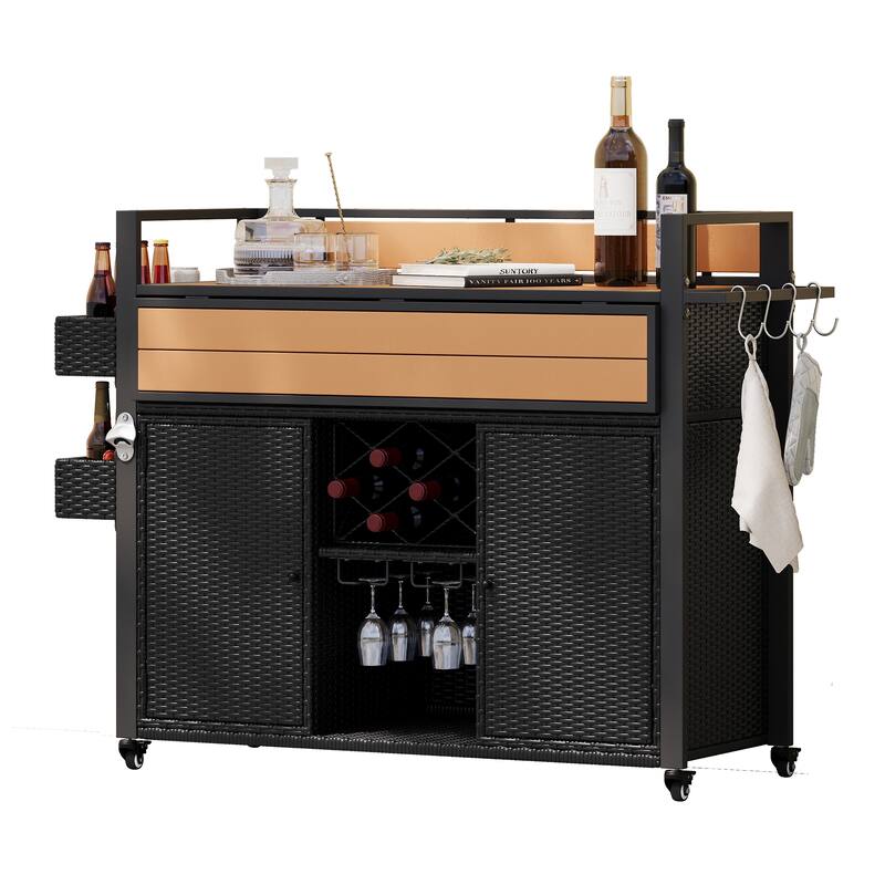 Grill Cart Rolling Kitchen Island Cart Wicker Storage Cabinet Prep Table