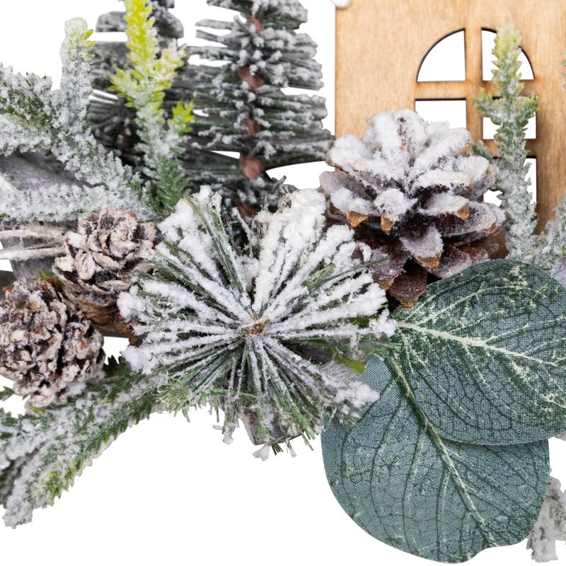 Flocked House and Pinecones Wood Branch Artificial Christmas Wreath - 12" - Unlit