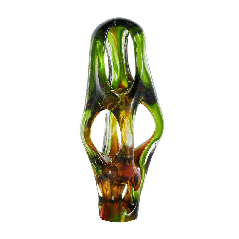 Green Glass Ombre Cutout Abstract Decorative Sculpture with Amber Accents