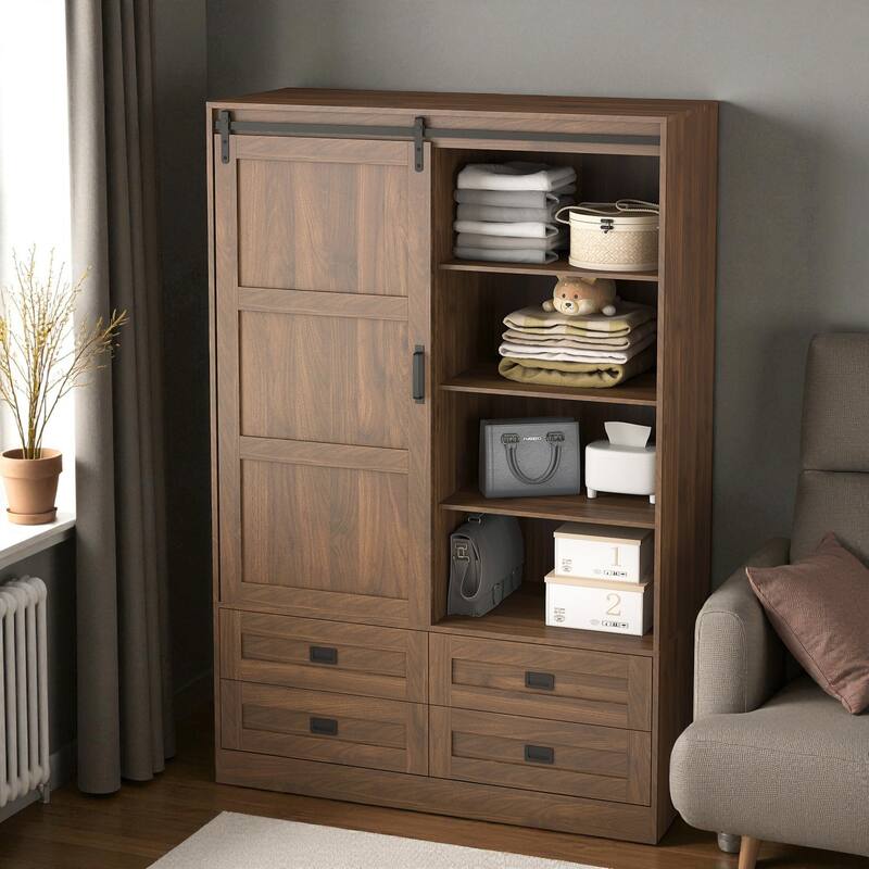 Tall Armoire Wardrobe Closet with Hanging Rod Barn Door 4 Drawers and 3 Open Shelves MDF Bedroom Storage Cabinet