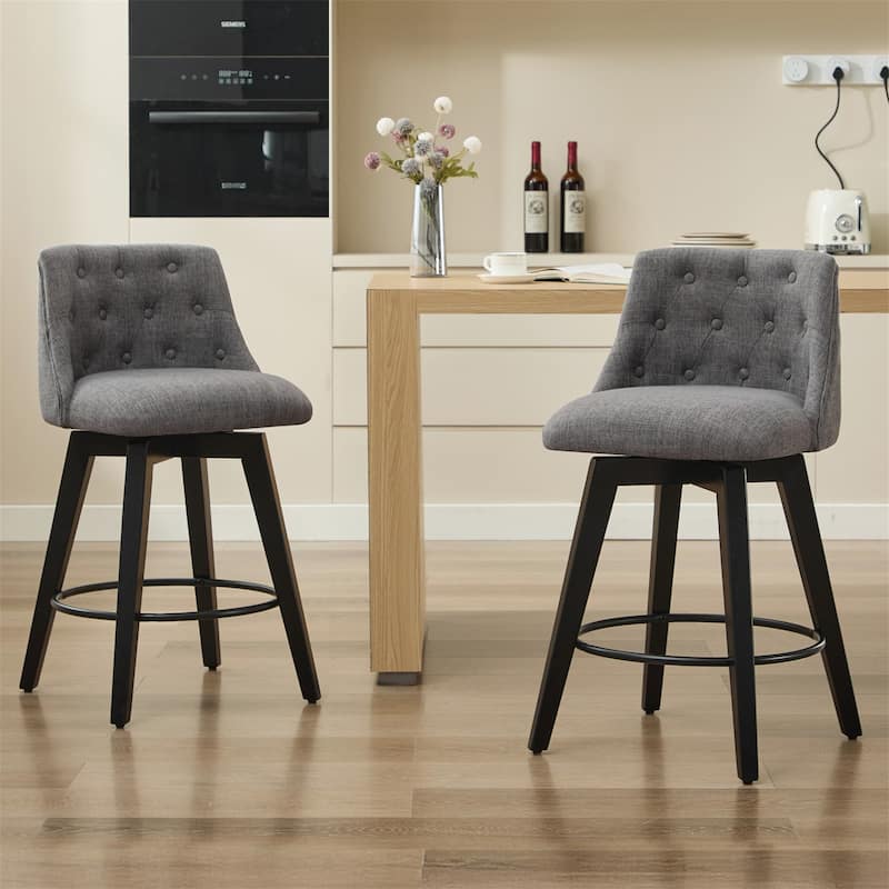 Modern Linen Swivel Bar Stools with Tufted Back,Wood Frame (Set of 2)